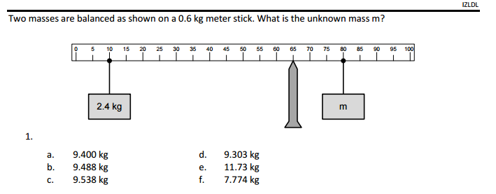 Solved Two masses are balanced as shown on a 0.6 kg meter | Chegg.com