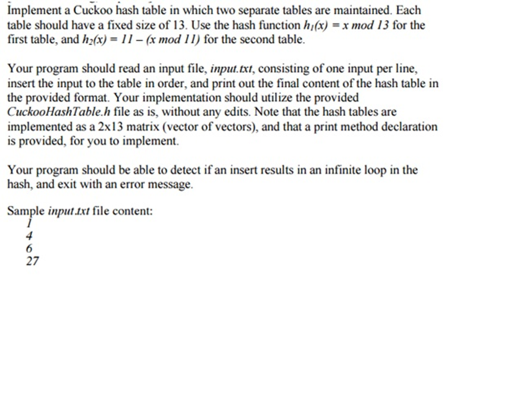 Cuckoo Hashing in C++ Given