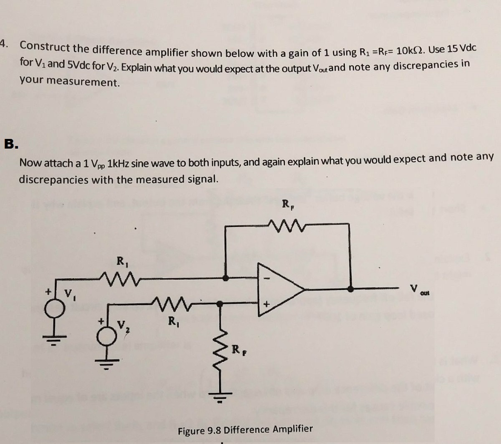 Solved the difference amplifier shown below with a gain of 1 | Chegg.com