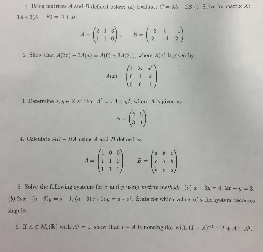 Solved I. Using matrices A and B defined below: (a) Evaluate | Chegg.com