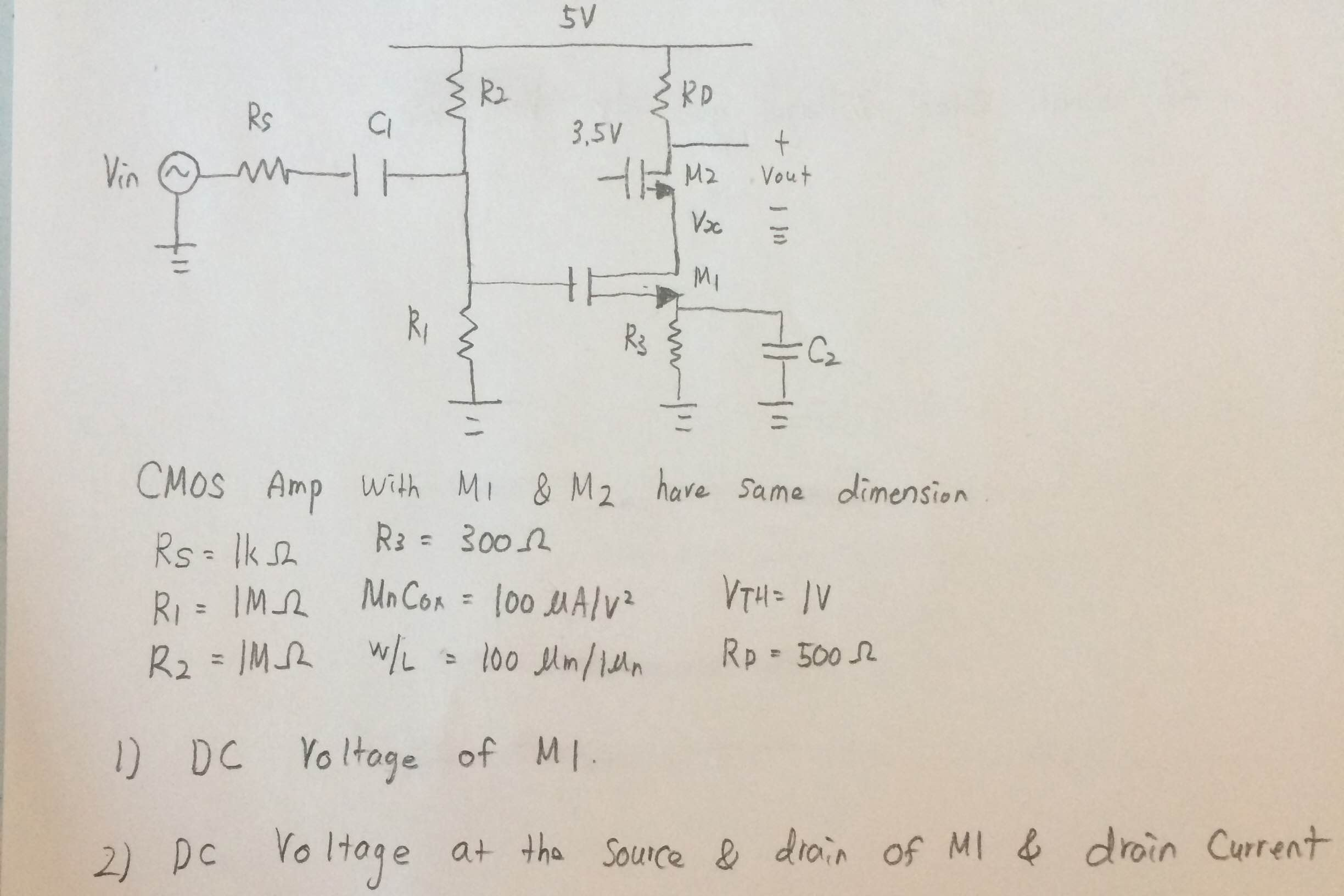 Solved CMOS amplifier with M1 and M2 have same dimension. | Chegg.com