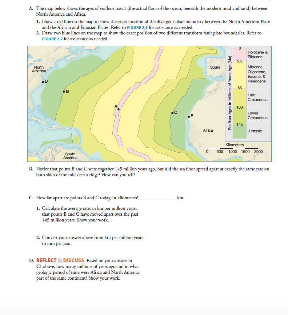 The map below shows the ages of seafloor basalt (the | Chegg.com