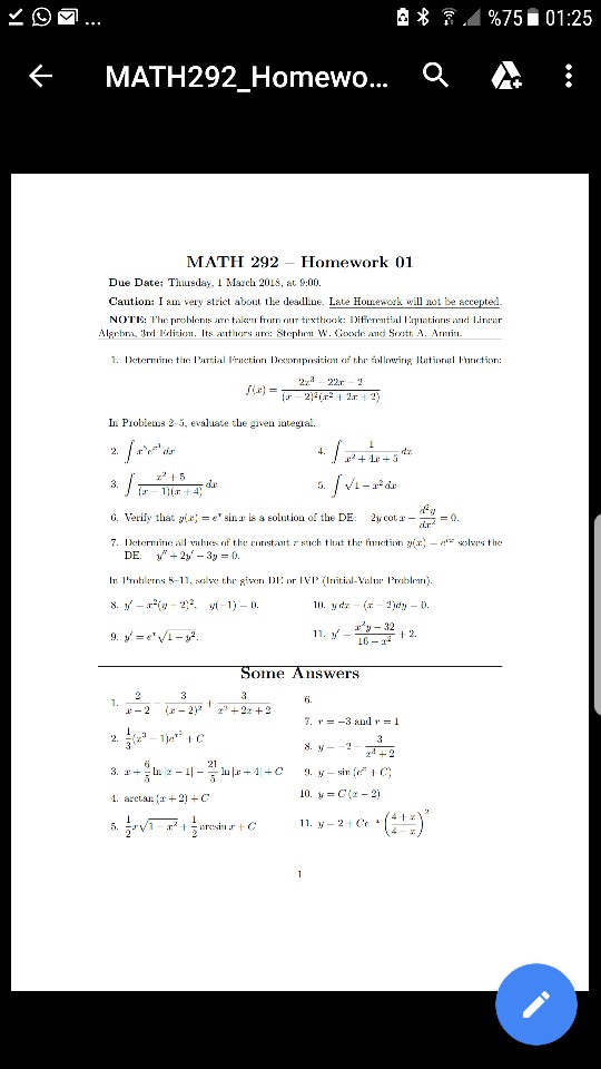 Solved 순 줅 .4 %75 01:25 MATH292. Homewo A MATH 292 -Homework | Chegg.com