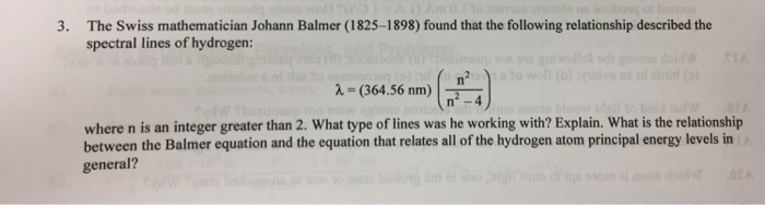 Solved The Swiss mathematician Johann Balmer (1825-1898) | Chegg.com