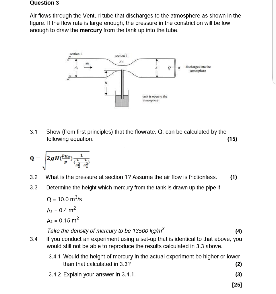 Solved Question 3 Air flows through the Venturi tube that | Chegg.com