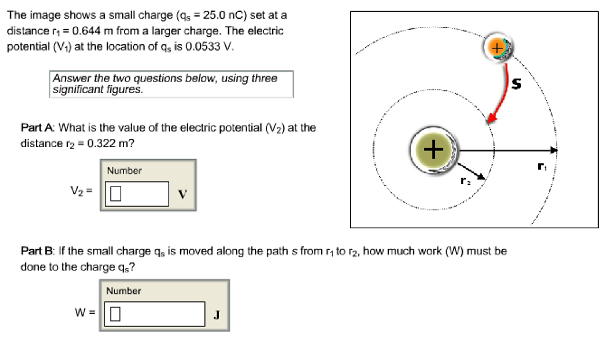 Solved The image shows a small charge (q_s = 25.0 nC) set at
