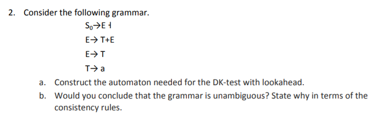 Solved 2. Consider the following grammar. E→ T+E E-> T T→ a | Chegg.com