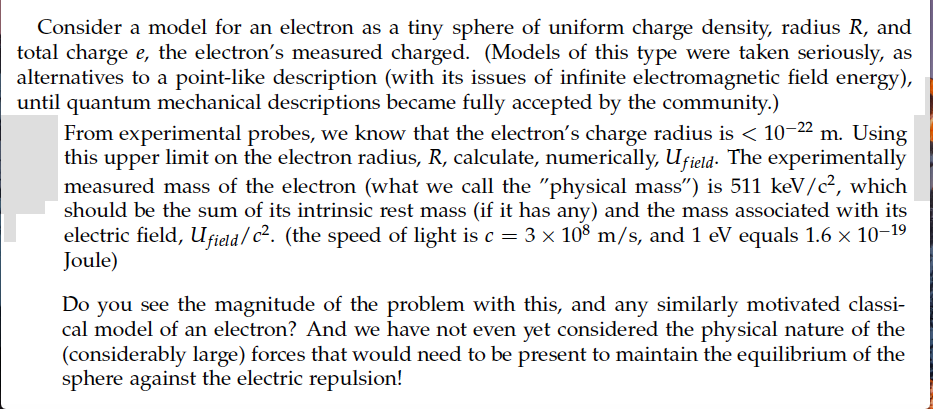 Solved Consider a model for an electron as a tiny sphere of | Chegg.com