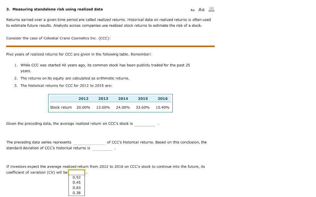 Solved 3. Measuring standalone risk using realized data Aa | Chegg.com