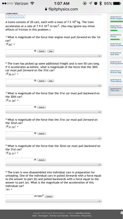 Solved A Trains Consists Of 20 Cars, Each With A Mass Of 7 | Chegg.com