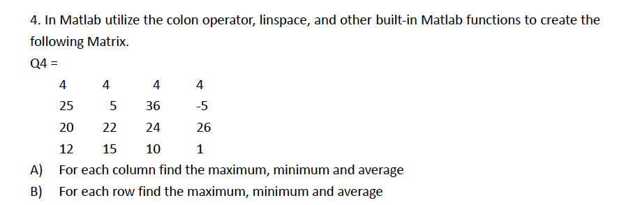 Solved 4. In Matlab utilize the colon operator linspace Chegg