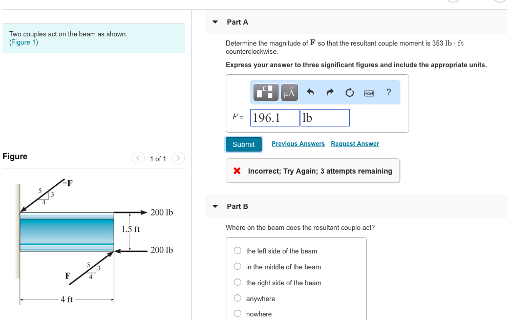 Solved Part A Two couples act on the beam as shown. | Chegg.com