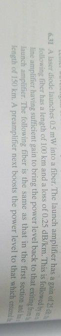 Solved 6.31 A laser diode launches 0.5 mW into a fiber. The | Chegg.com