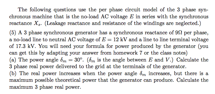 Solved A 3 phase synchronous generator has a synchronous | Chegg.com