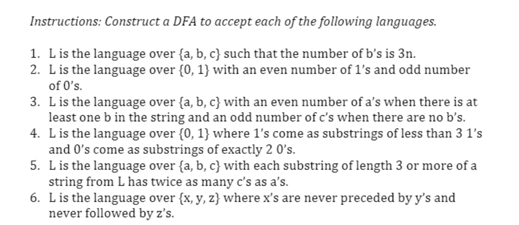 Solved Instructions: Construct a DFA to accept each of the | Chegg.com