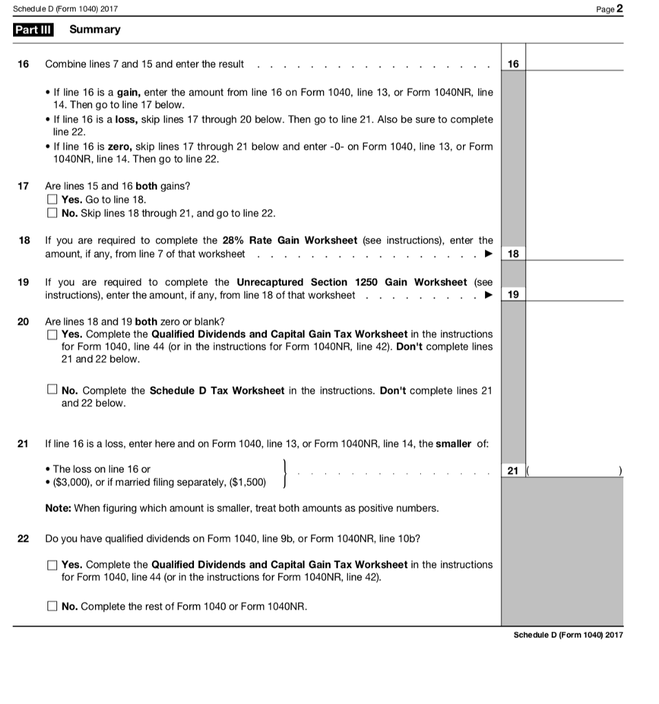 Fill out a 2017 IRS TAX Form 1040 Schedule D based on  Chegg.com