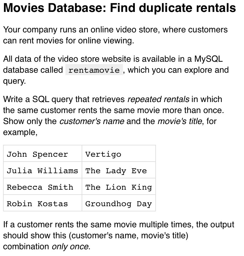 Solved Movies Database Find duplicate rentals Your company