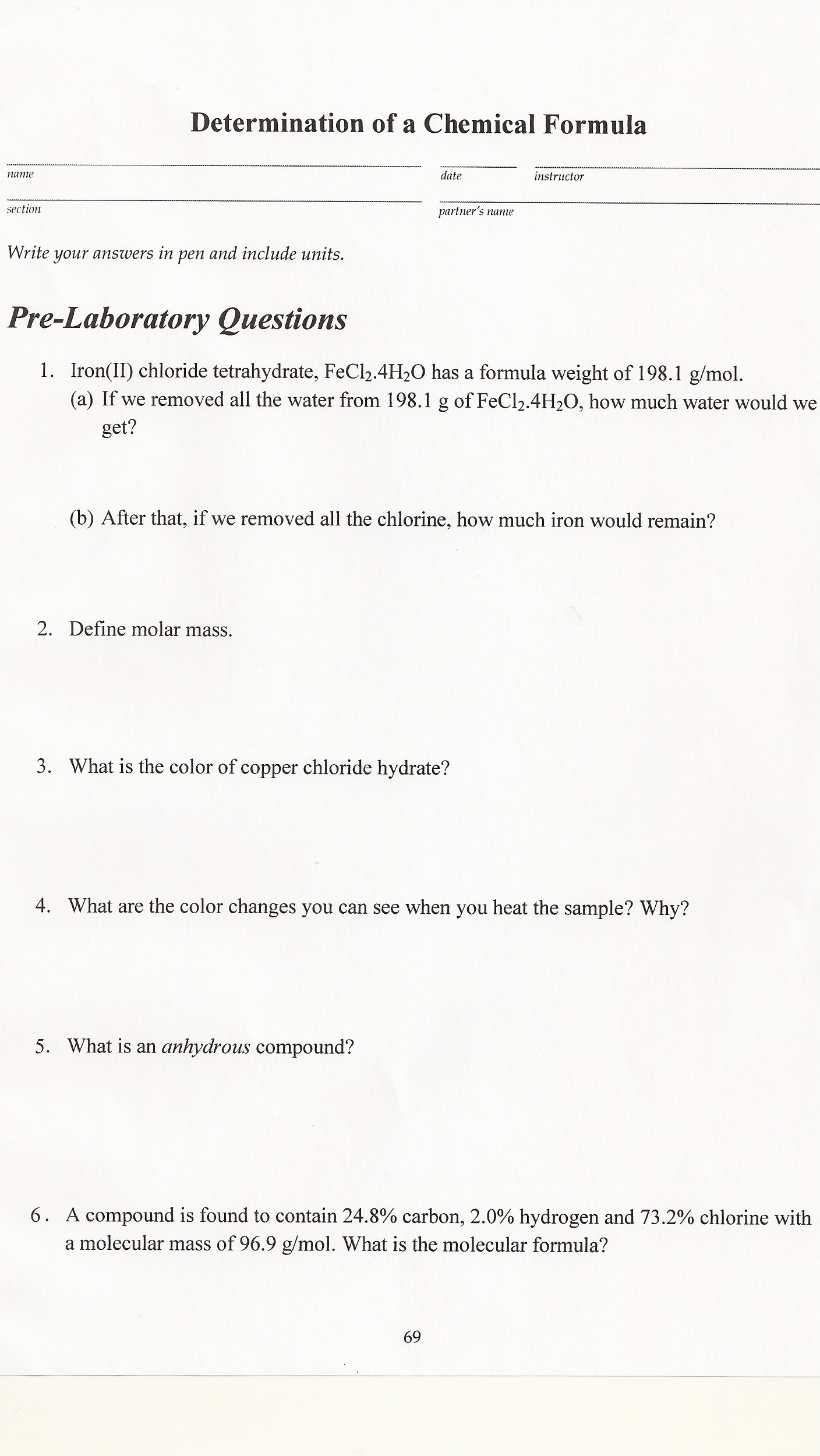 Solved 1. Iron(II) chloride tetrahydrate, FeCl2.4H2O has a