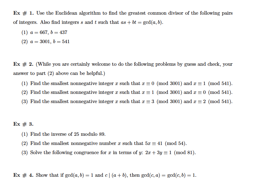 Solved Ex 1 Use The Euclidean Algorithm To Find The