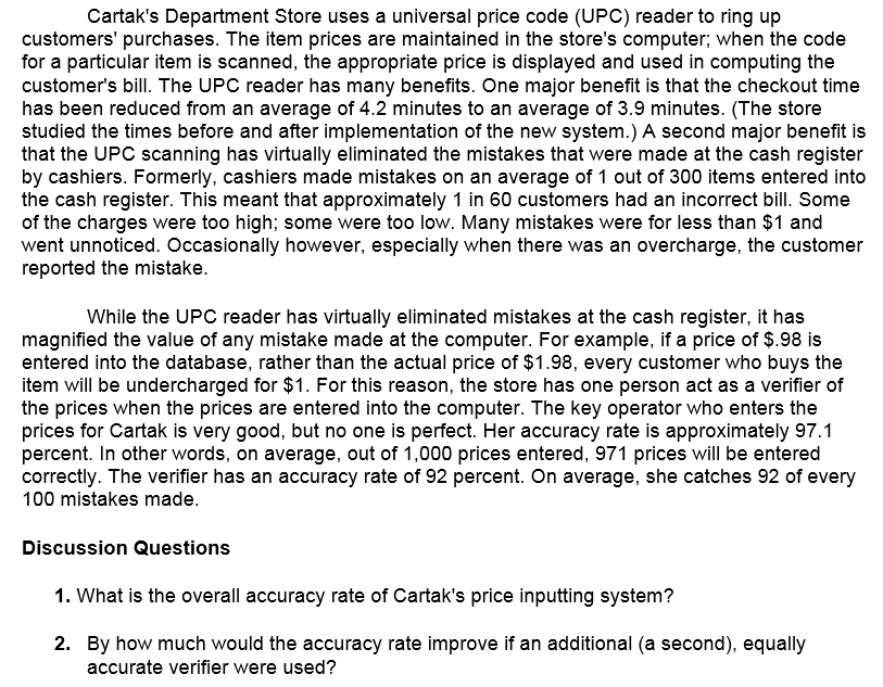 Solved Cartak's Department Store uses a universal price code