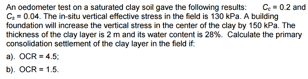 Solved An oedometer test on a saturated clay soil gave the | Chegg.com