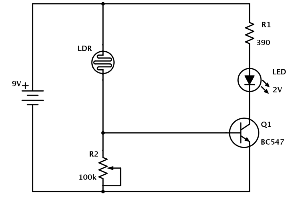 Solved 9V. LDR R2 100k R1 390 LED BC547 | Chegg.com