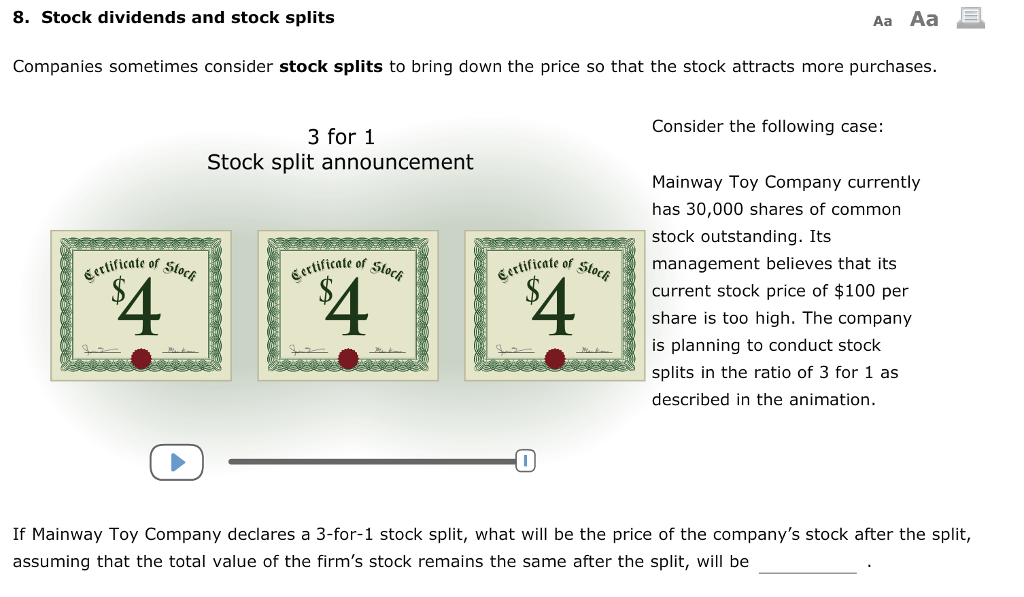 Solved 8. Stock dividends and stock splits Aa Aa Companies