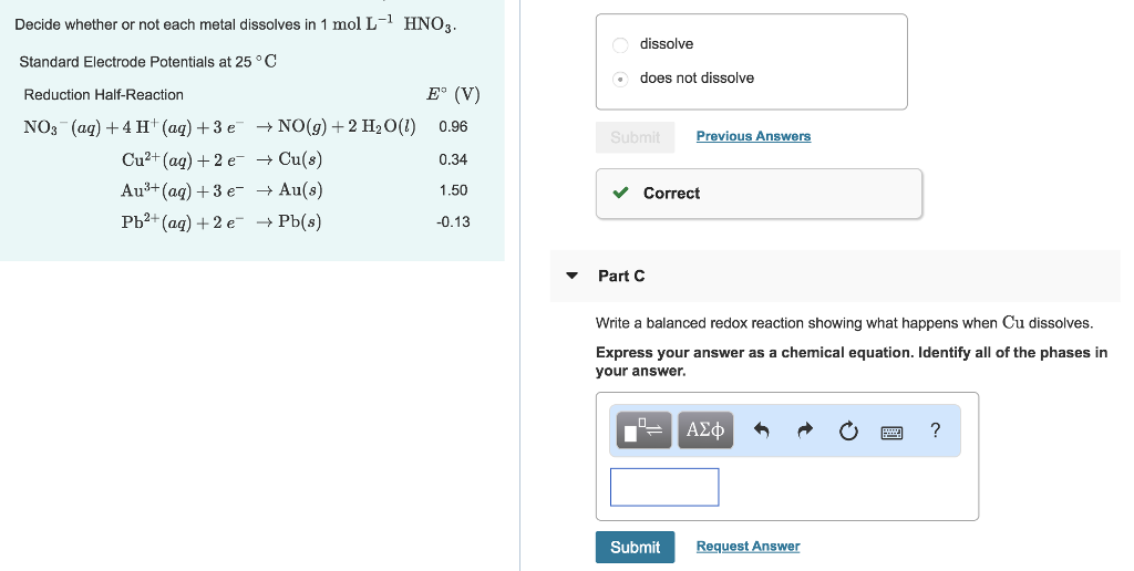 Solved Decide whether or not each metal dissolves in 1 mol | Chegg.com