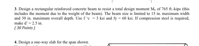 Solved Design a rectangular reinforced concrete beam to | Chegg.com