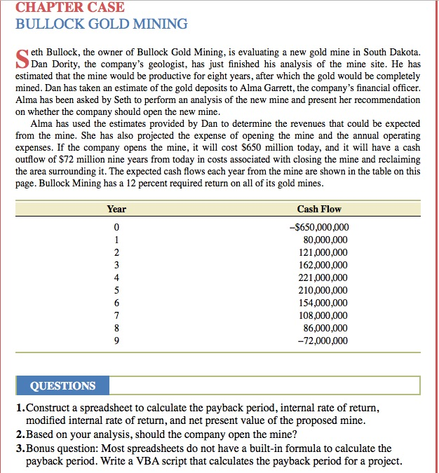 Solved CHAPTER CASE BULLOCK GOLD MINING S eth Bullock, the