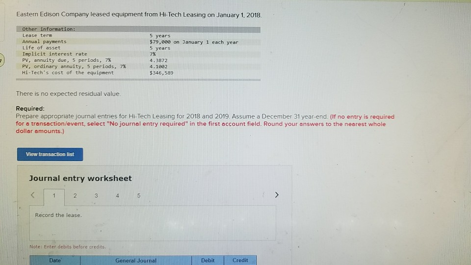 Solved Eastern Edison Company leased equipment from HiTech
