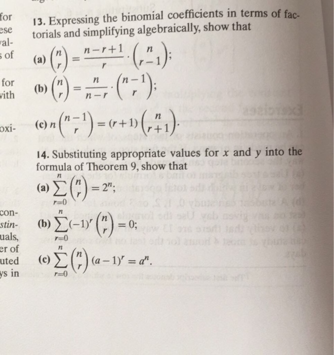 Solved Expressing the binomial coefficients in terms of | Chegg.com