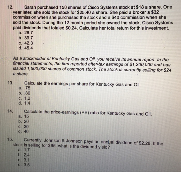 Solved Sarah purchased 150 shares of Cisco Systems stock at | Chegg.com