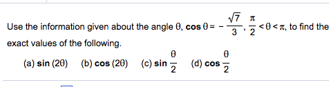 Solved Use the information given about the angle 0, cos 0- | Chegg.com