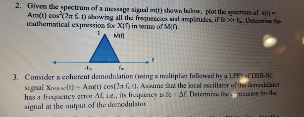 Solved 2. Given the spectrum of a message signal m(t) shown | Chegg.com