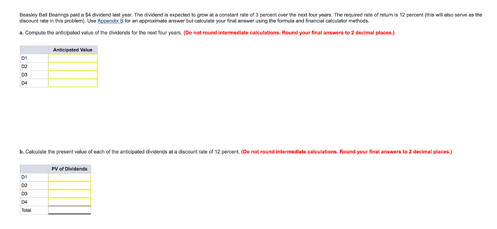 Solved Beasley Ball Bearings Paid A $4 Dividend Last Year. | Chegg.com