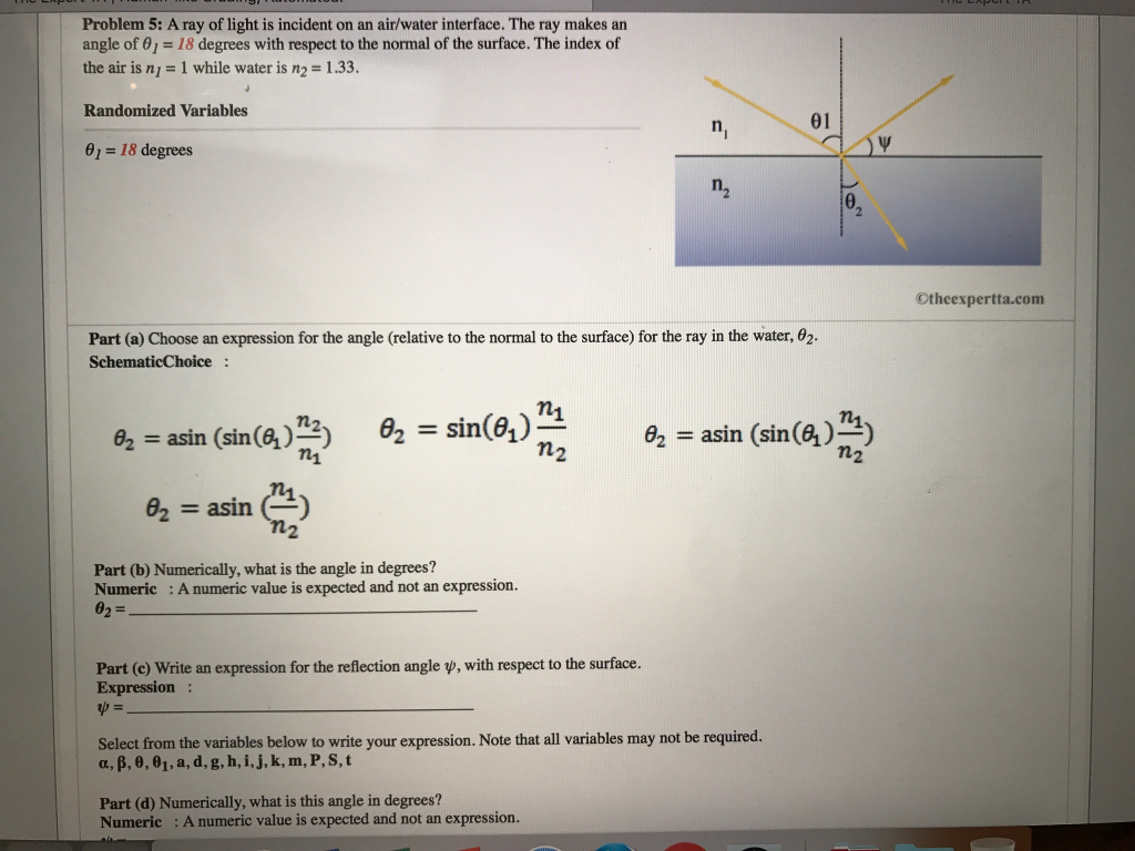 Solved Problem 5: A ray of light is incident on an airlwater | Chegg.com