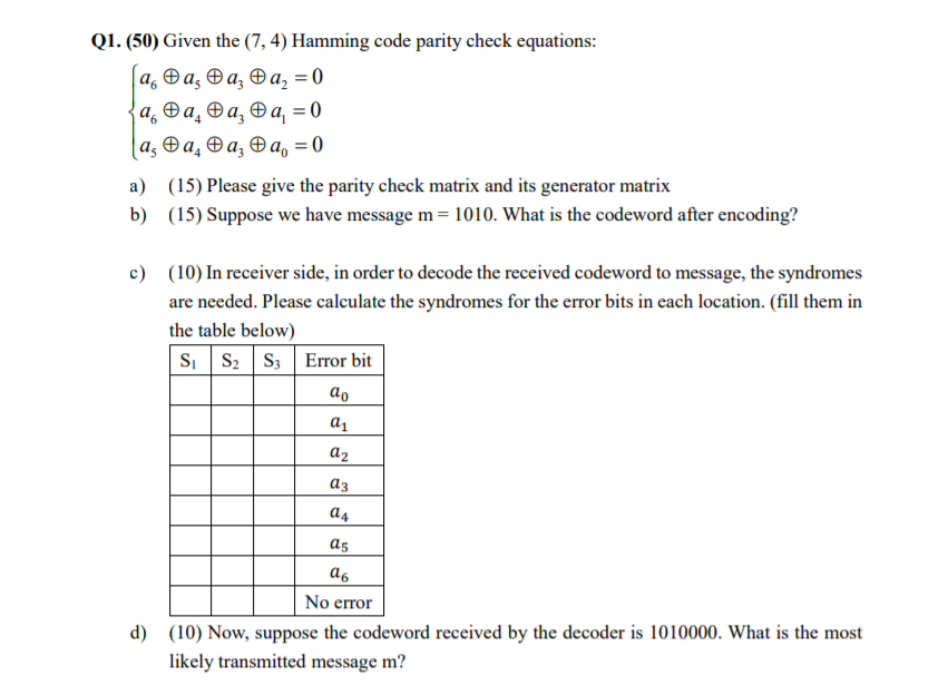 Solved 01. (50) Given The (7,4) Hamming Code Parity Check | Chegg.com