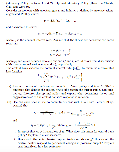 1. (Monetary Policy Lectures 1 and 2): Optimal | Chegg.com