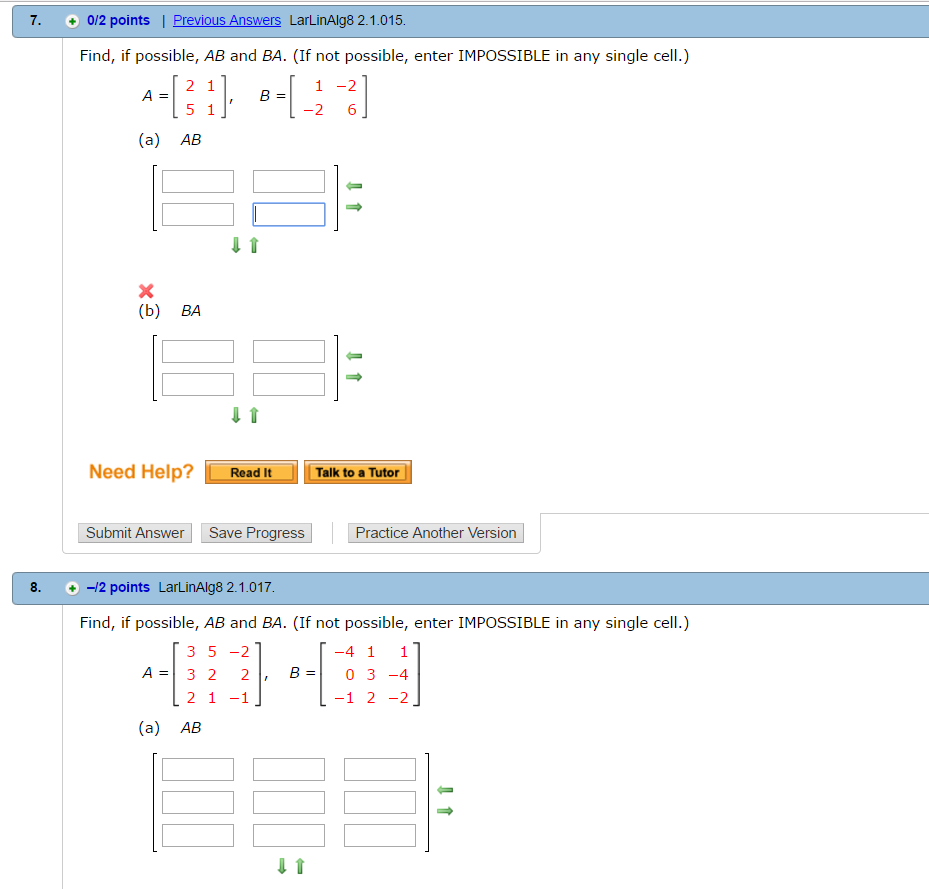 Solved Find, If Possible, AB And BA. (If Not Possible, Enter | Chegg.com