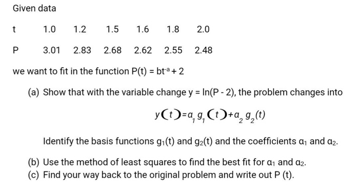 Given data t 1.0 1.2 1.5 1.6 1.8 2.0 P 3.01 2.83 2.68 | Chegg.com
