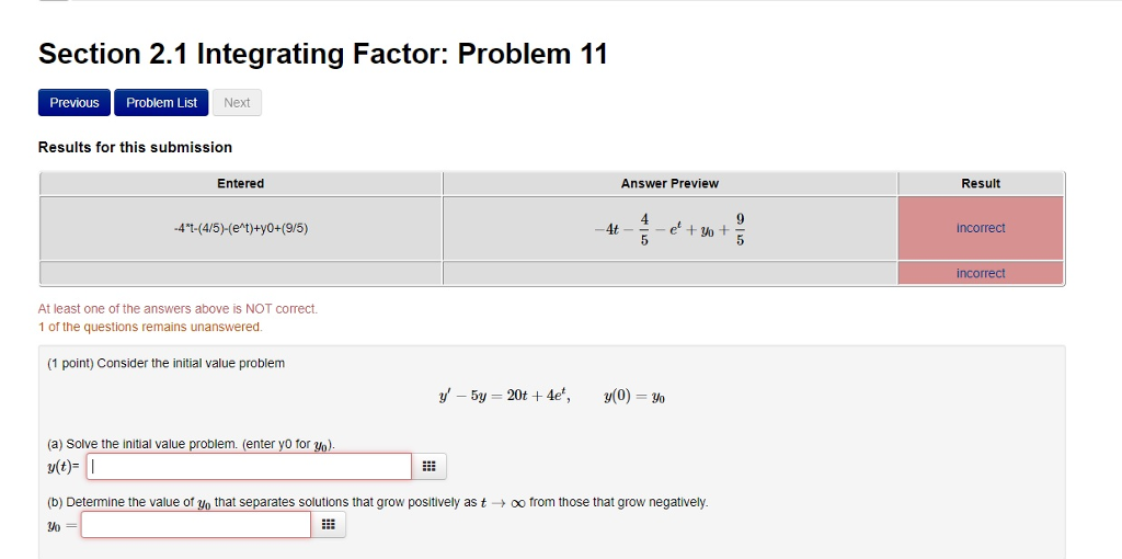 Solved Section 2.1 Integrating Factor: Problem 11 Previous | Chegg.com