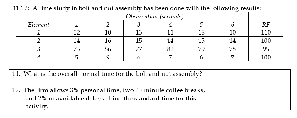Solved A Time Study In Bolt And Nut Assembly Has Been Done Chegg Solved A Time Study In Bolt And Nut Assembly Has Been Done Chegg