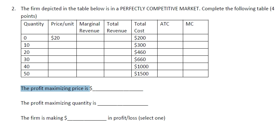 Solved 2. The firm depicted in the table below is in a | Chegg.com