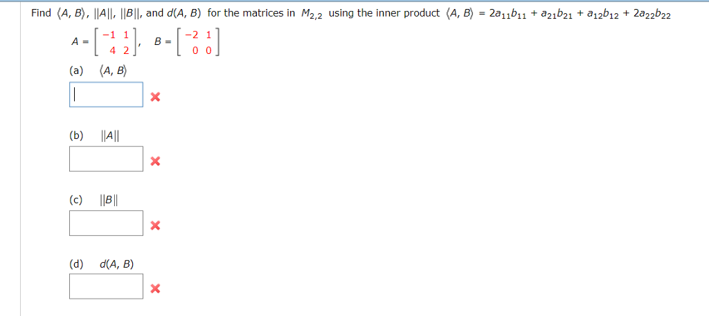 Solved Find (A, B), ||A||, ||B||, And D (A, B) For The | Chegg.com