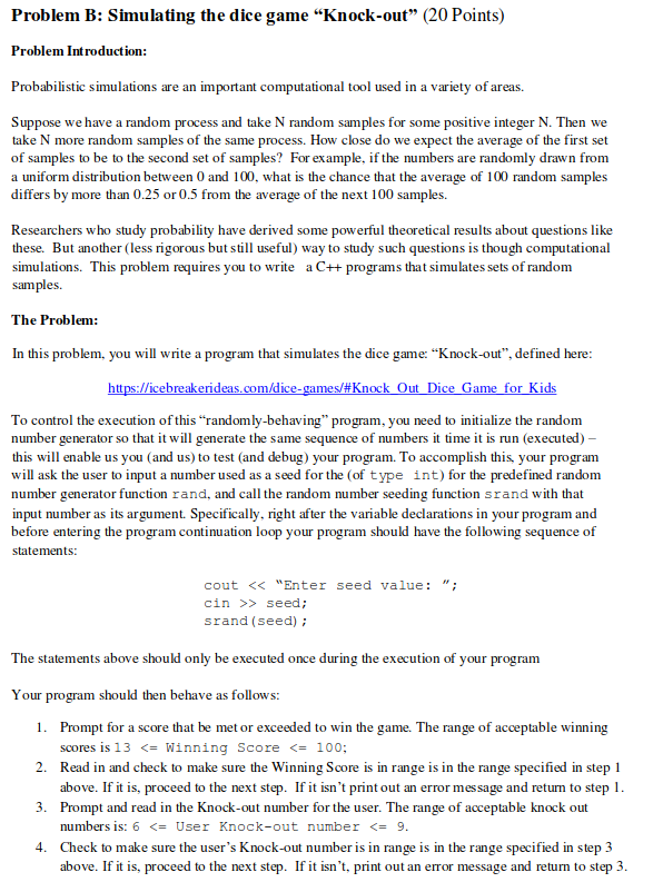 Problem B: Simulating the dice game