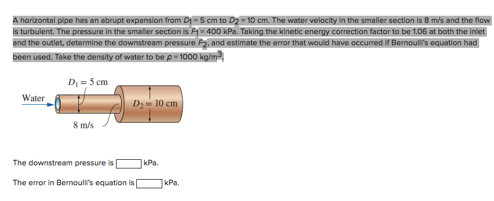 Solved A horizontal pipe has an abrupt expansion from D1 = 5 | Chegg.com