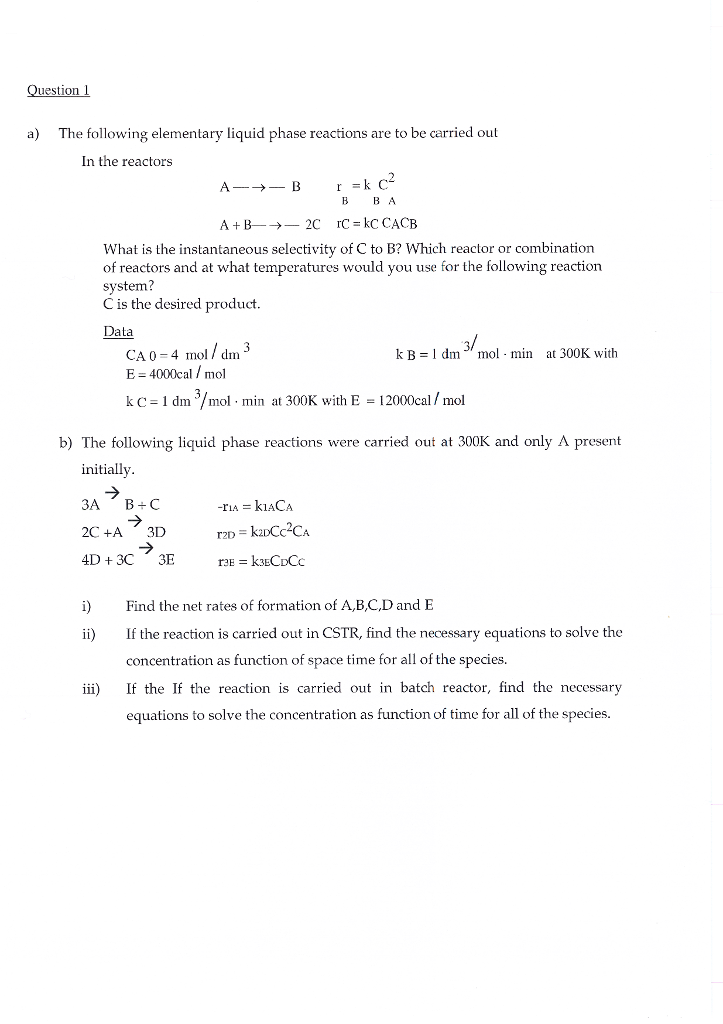 Solved The following elementary liquid phase reactions are | Chegg.com