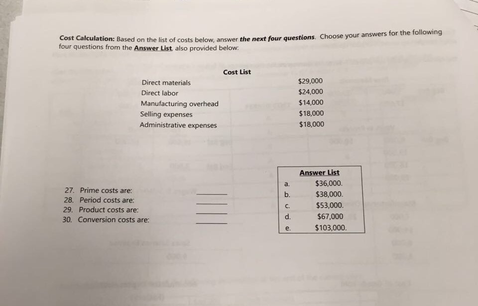 Solved Cost Calculation: Based On The List Of Costs Below, | Chegg.com