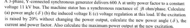Solved A 3-phase, Y-connected synchronous generator delivers | Chegg.com